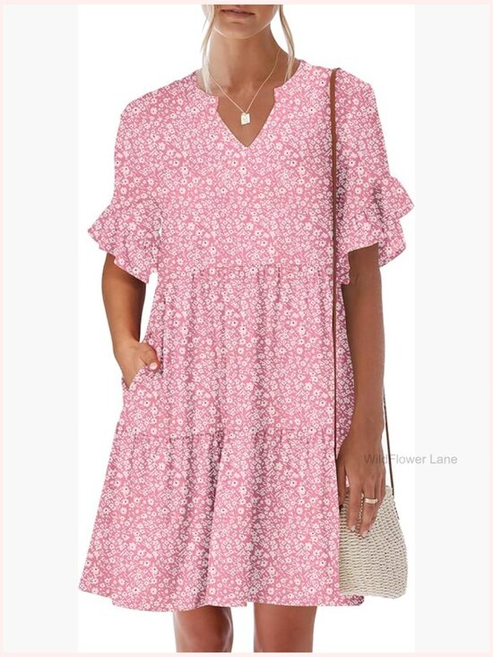 Dresses & Skirts - V-Neck Ruffle Sleeve Tiered Mini Dress with Pockets
